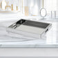 Rectangular Silver Vanity Tray in Bathroom with Marble Countertops.