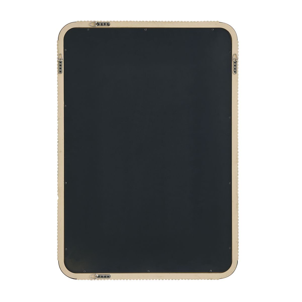 A rectangular black screen panel with rounded corners and a beige bumper frame, shown from the back against a plain white background.
