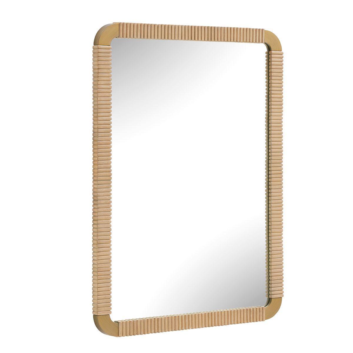 Rectangular mirror with a ribbed beige frame on a white background