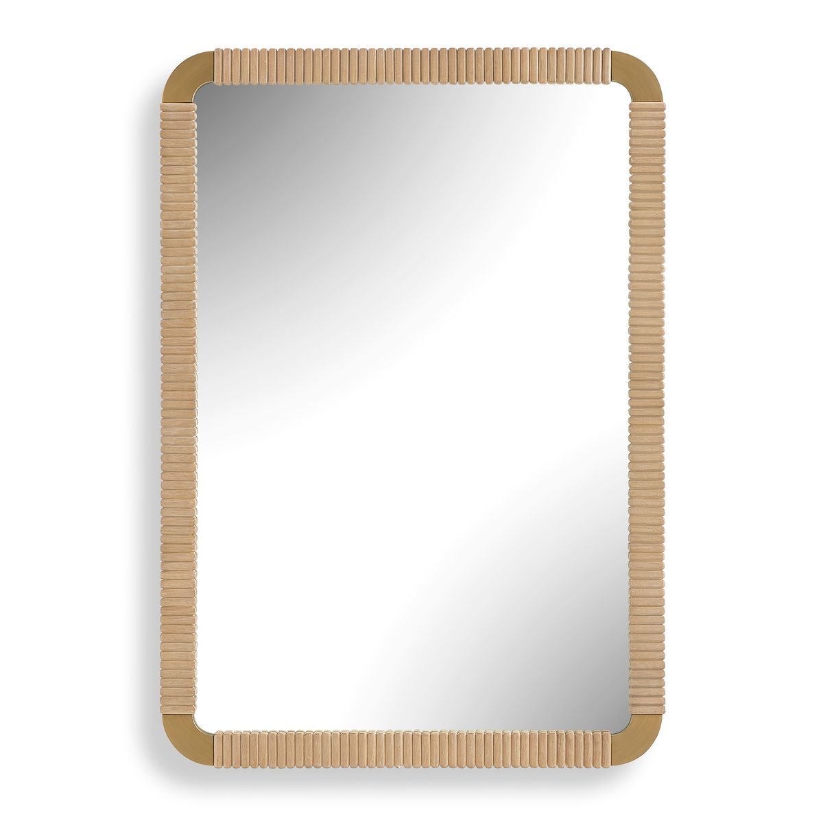 Rectangular mirror with a beige woven frame on a white background