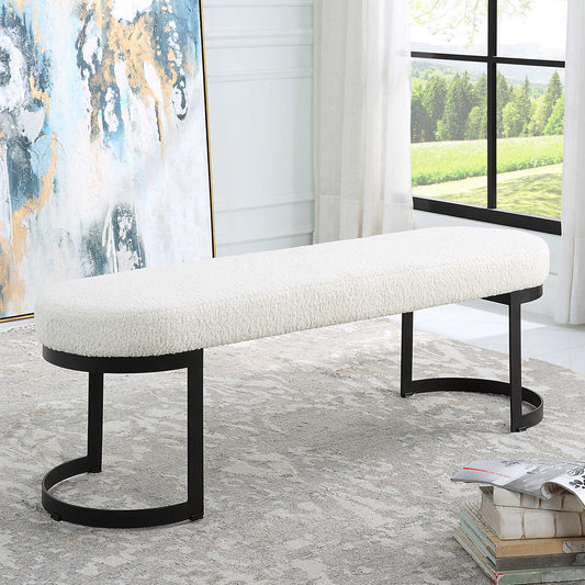 White living room bench with boucle and black metal base.