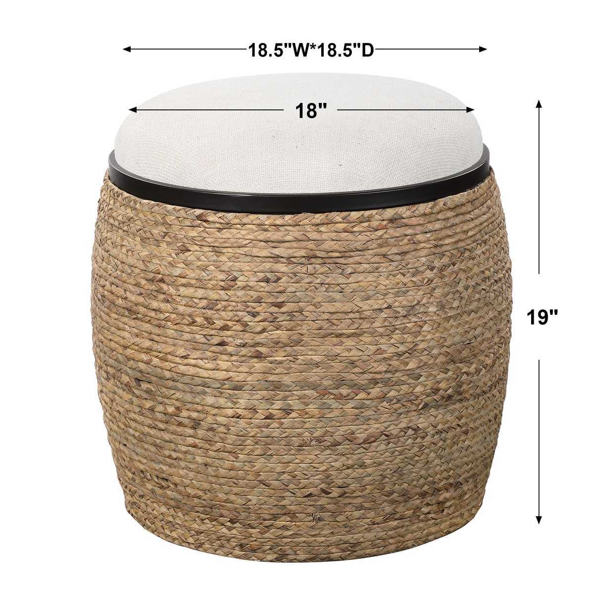 Woven stool with white cushion and dimensions on a white background