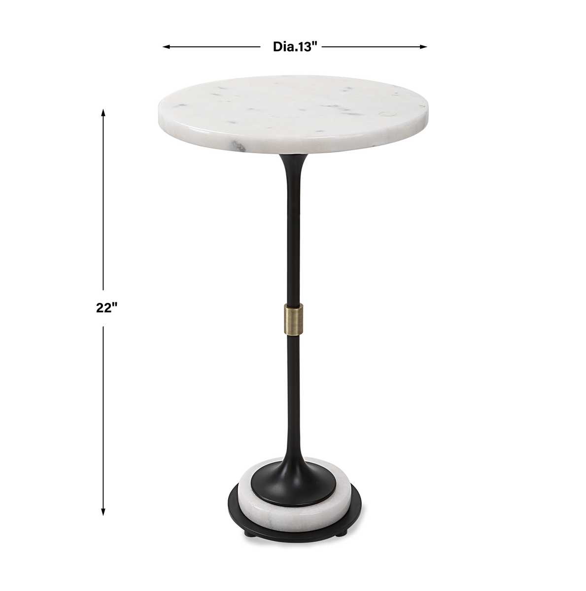 Round marble top table with black base and dimensions indicated on a white background