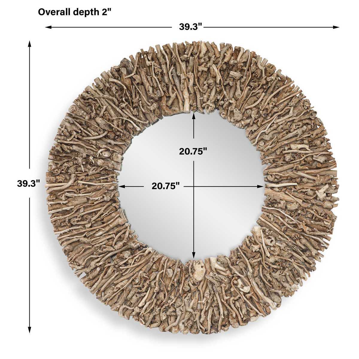Round mirror with natural wood-like frame and dimensions on a white background