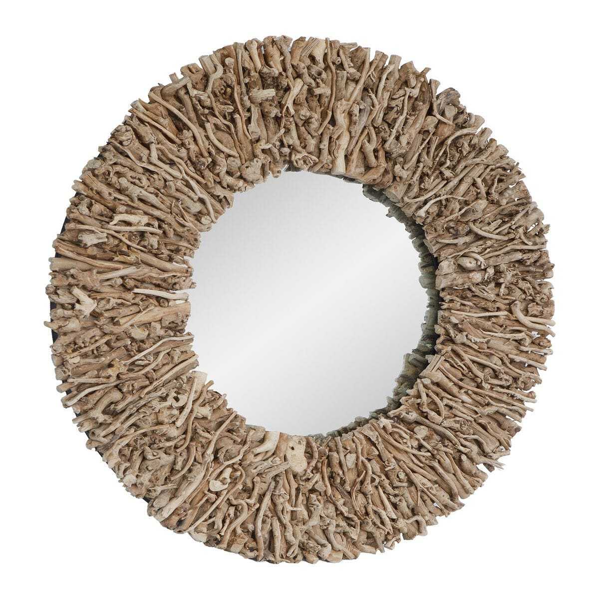Round wall mirror with a thick, textured frame made of layered driftwood pieces in natural tan and beige tones, shown on a plain white background.