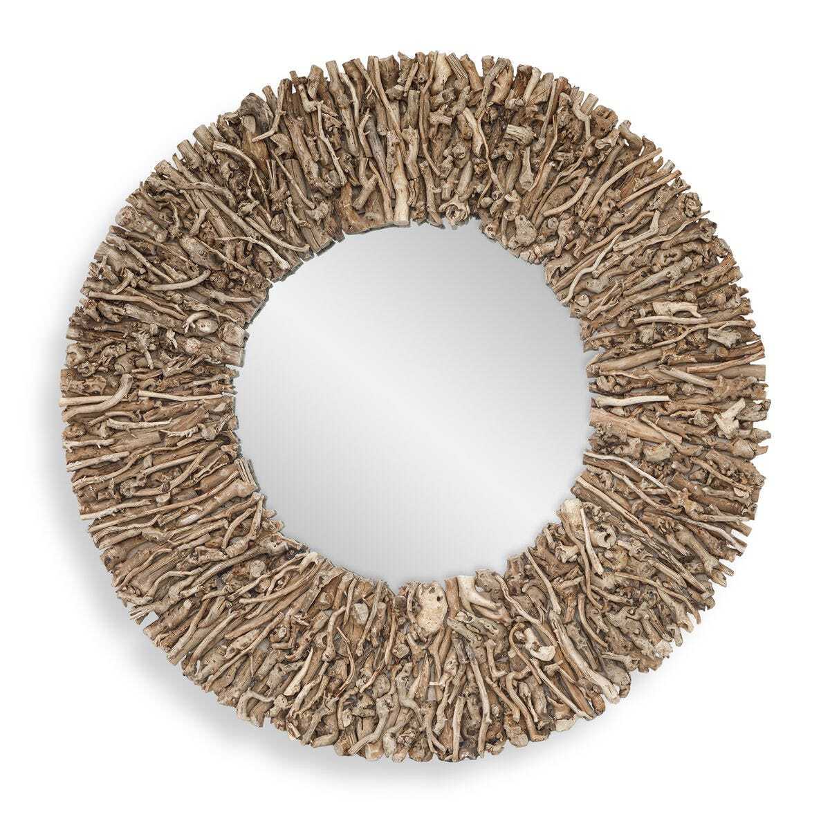 Round mirror with natural wood-like frame on a white background