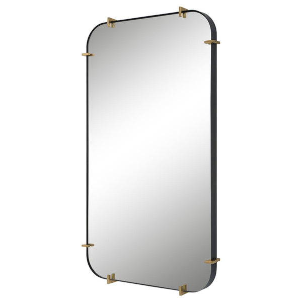 Rectangular mirror with gold frame on a white background