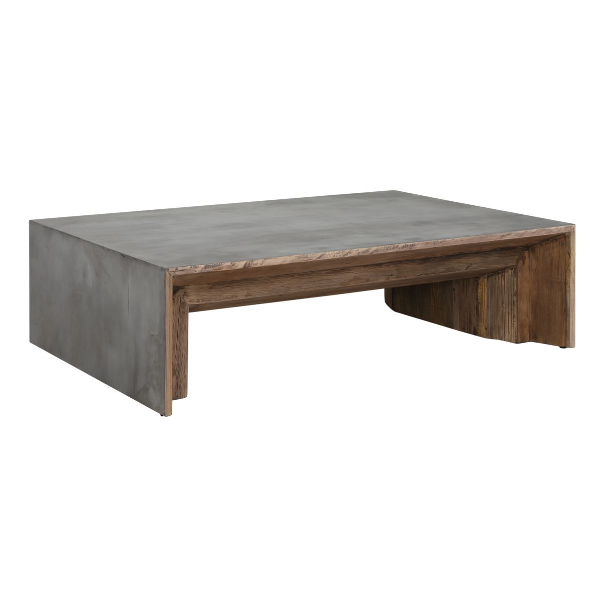 Coffee table with concrete top and wooden base on a white background