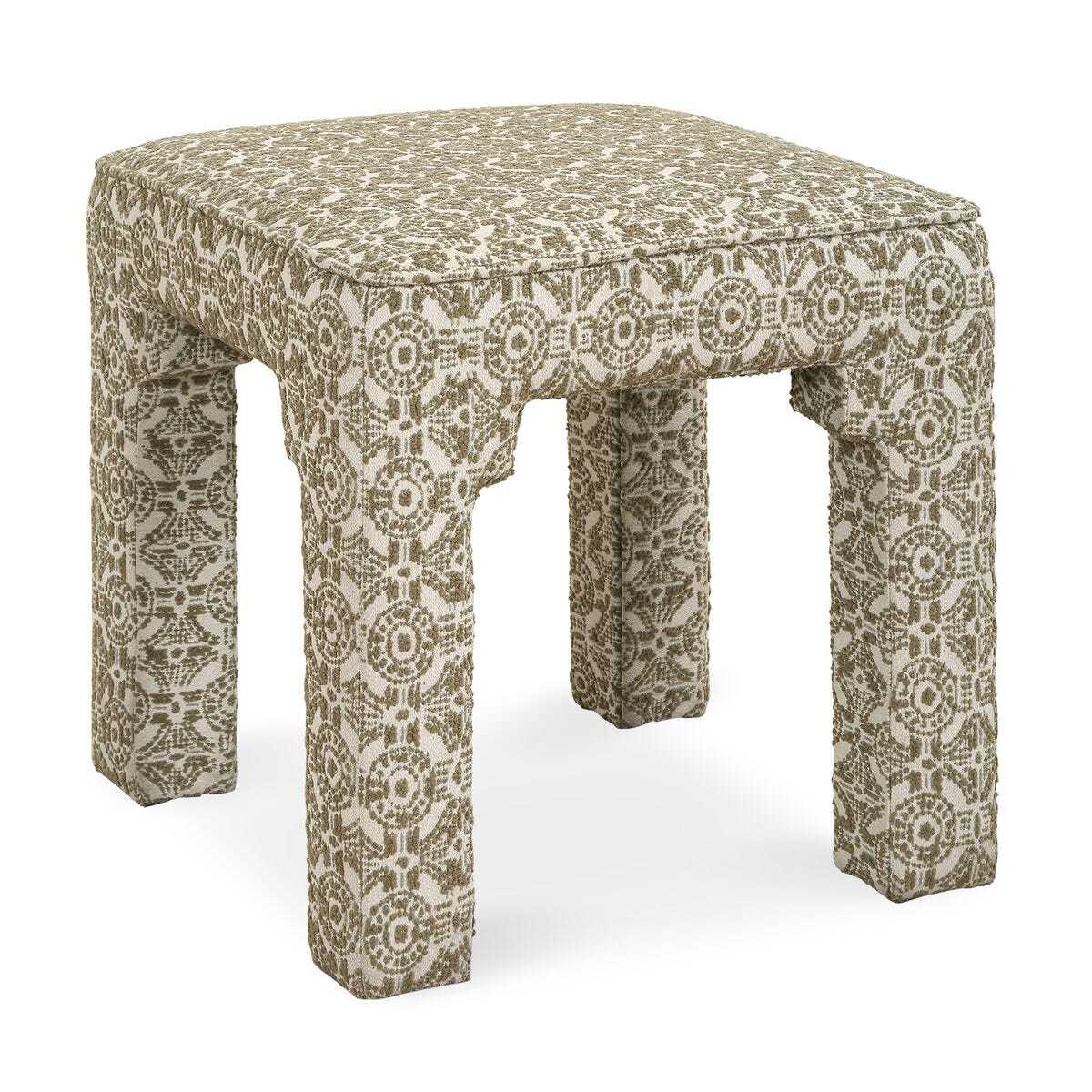 Small ottoman bench in white and green boucle.