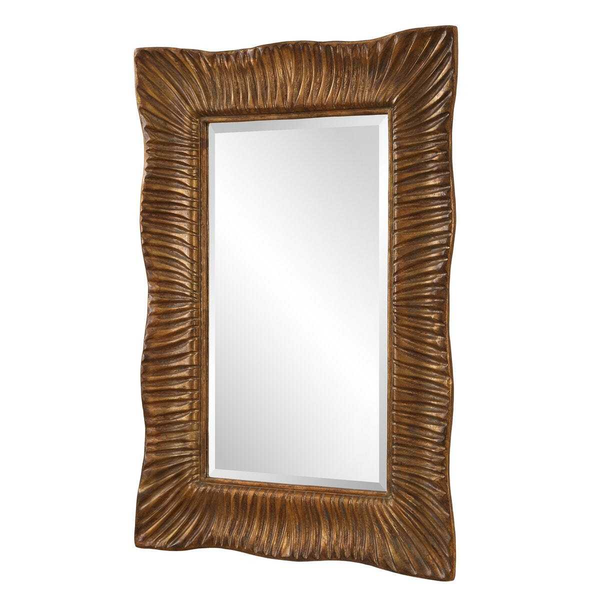Decorative mirror with a textured brown frame on a white background