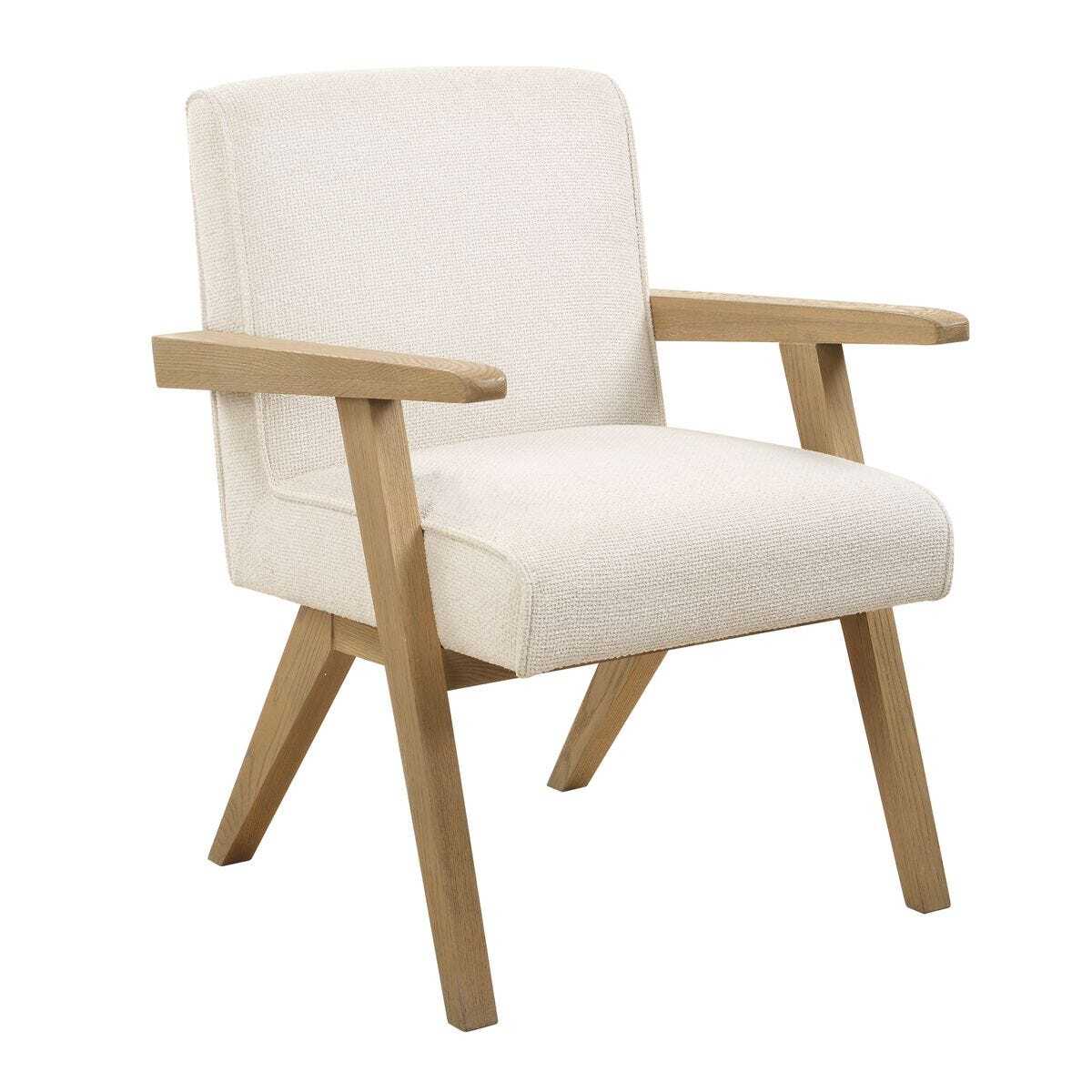 Beige armchair with wooden frame on a white background
