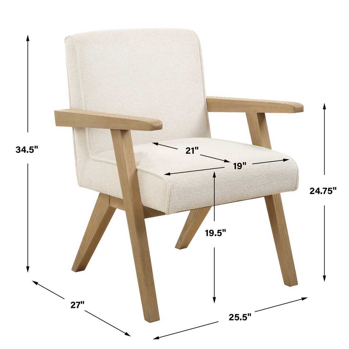 Beige armchair with wooden frame and dimensions labeled on a white background