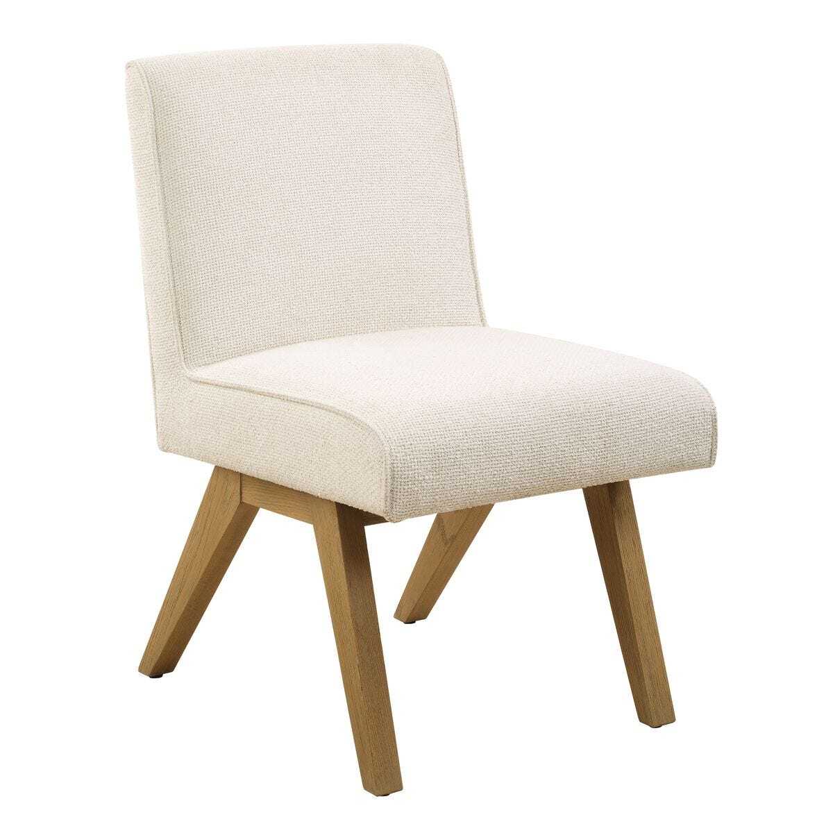 Beige upholstered chair with wooden legs on a white background