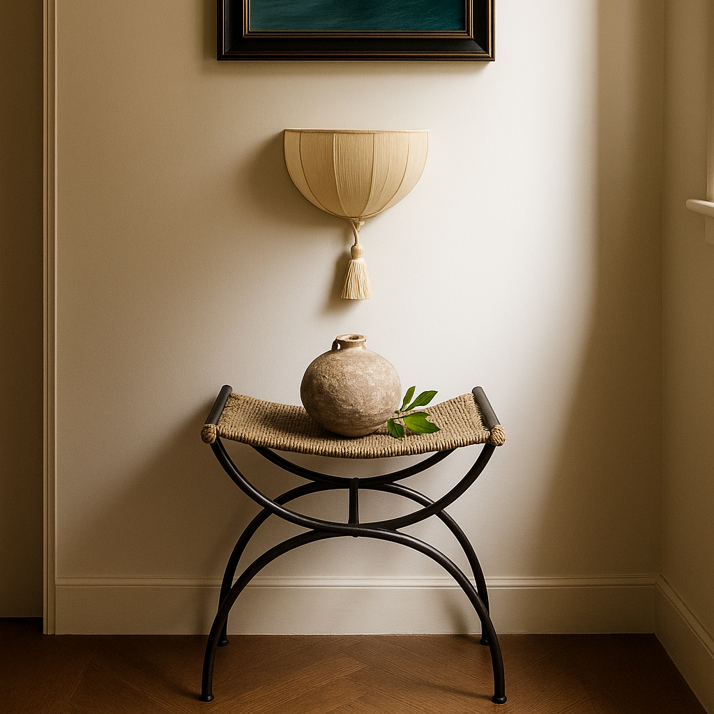 Framed artwork of a surfer on a wave above a small table with a decorative object.