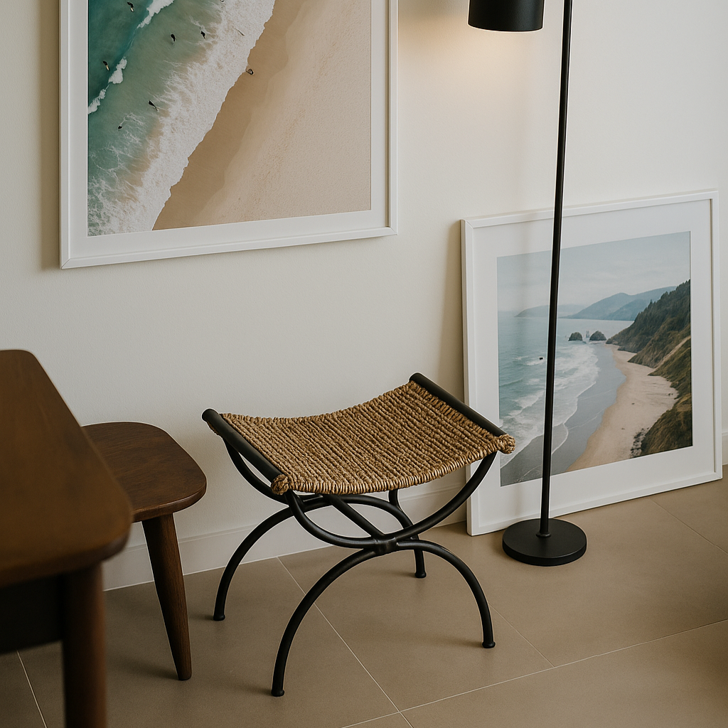 Woven stool in a room with framed beach pictures on the wall.