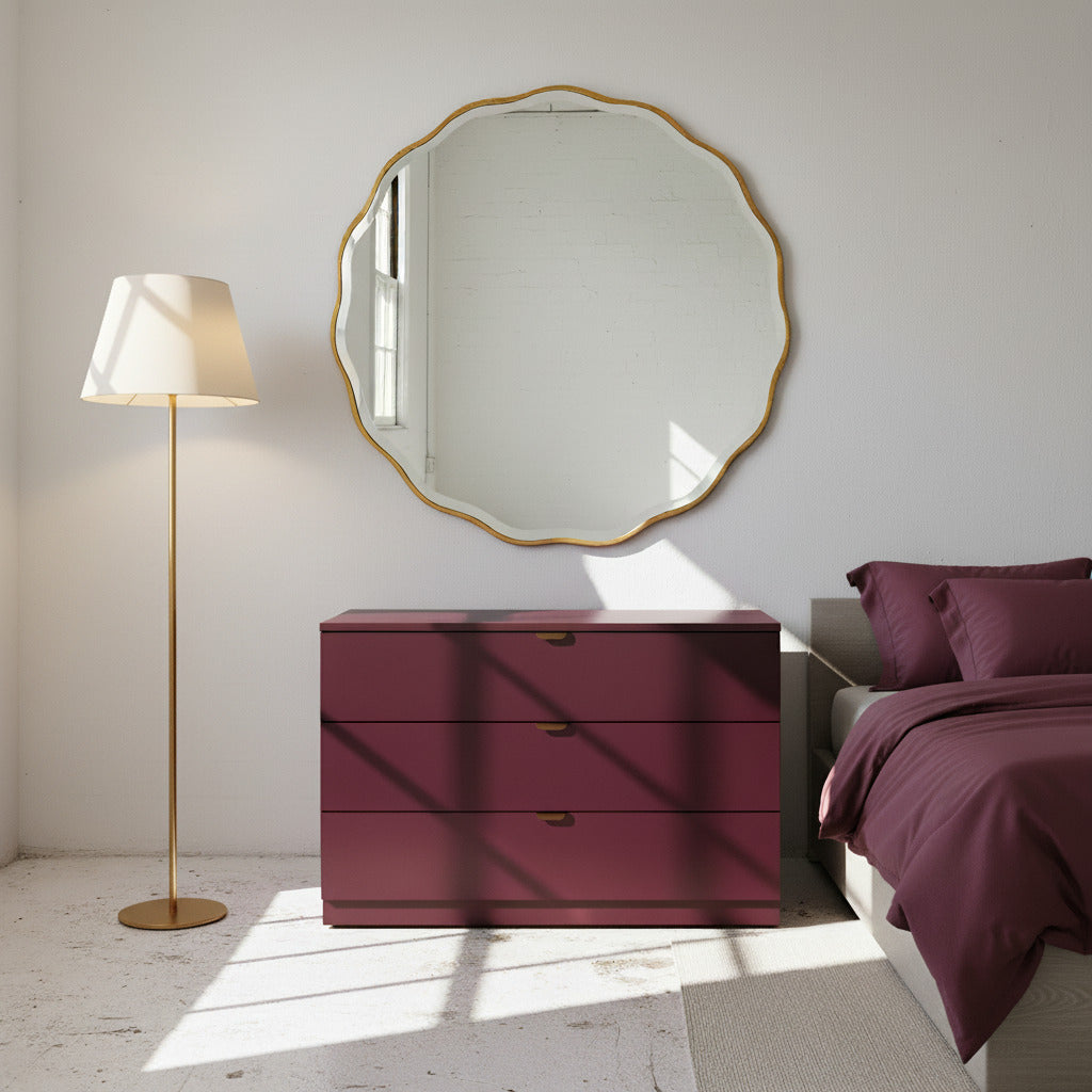 Serene and Lily Wave Mirror above Burgundy Dresser.