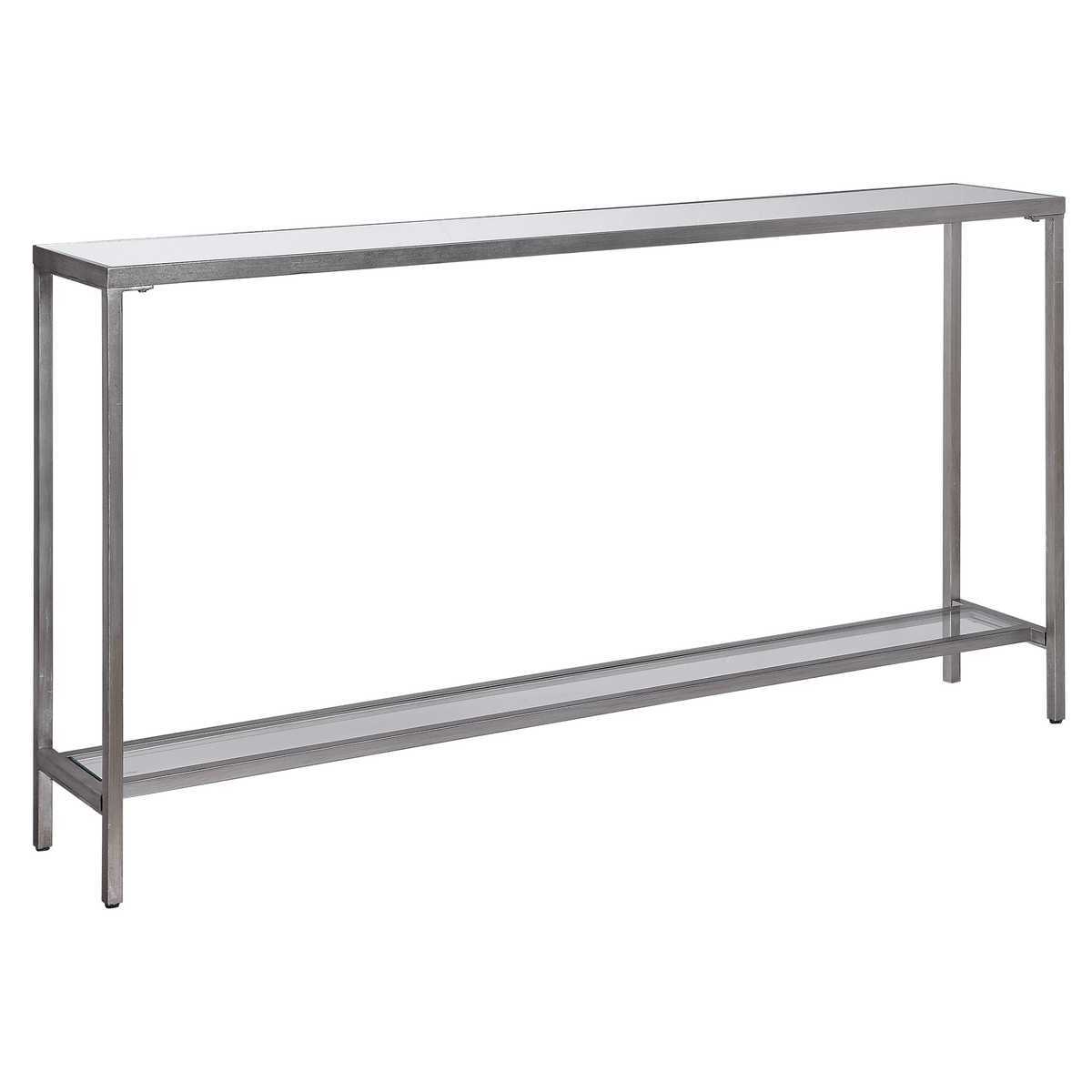 Silver and glass narrow console table.