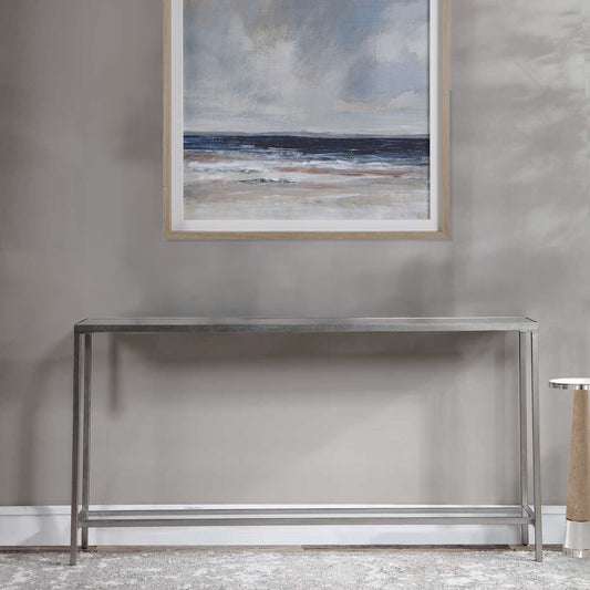 Silver console table with Ocean Abstract Painting.