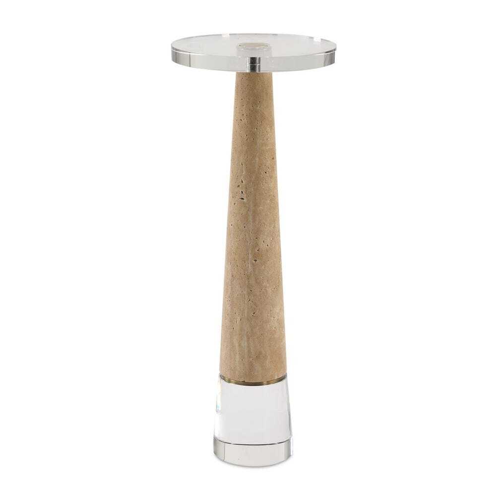 Small round table with a metallic top and wooden base on a white background