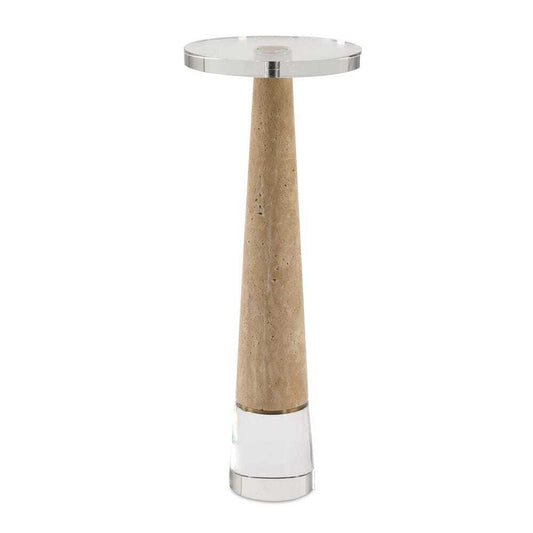 Small round table with a metallic top and wooden base on a white background