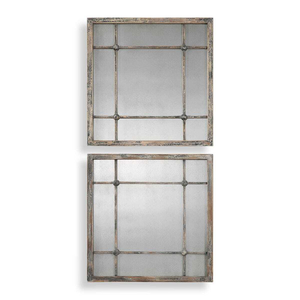 Two rectangular mirrors with grid patterns in wooden frames on a white background
