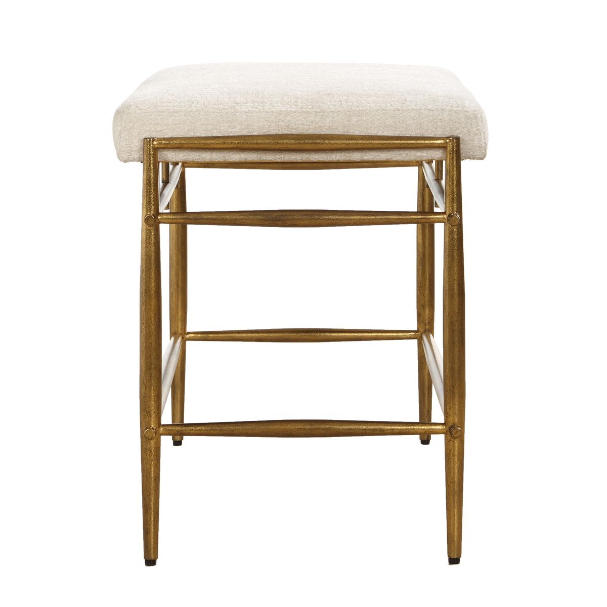 Bar stool with beige cushioned seat and gold metal frame on a white background