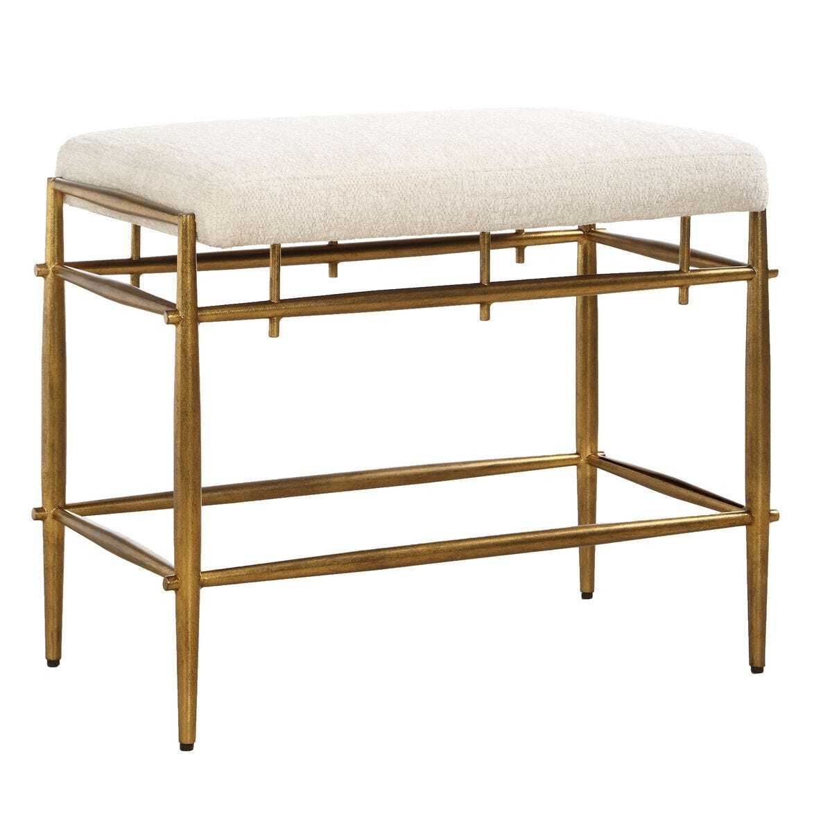 Gold metal frame bench with white cushion on a white background