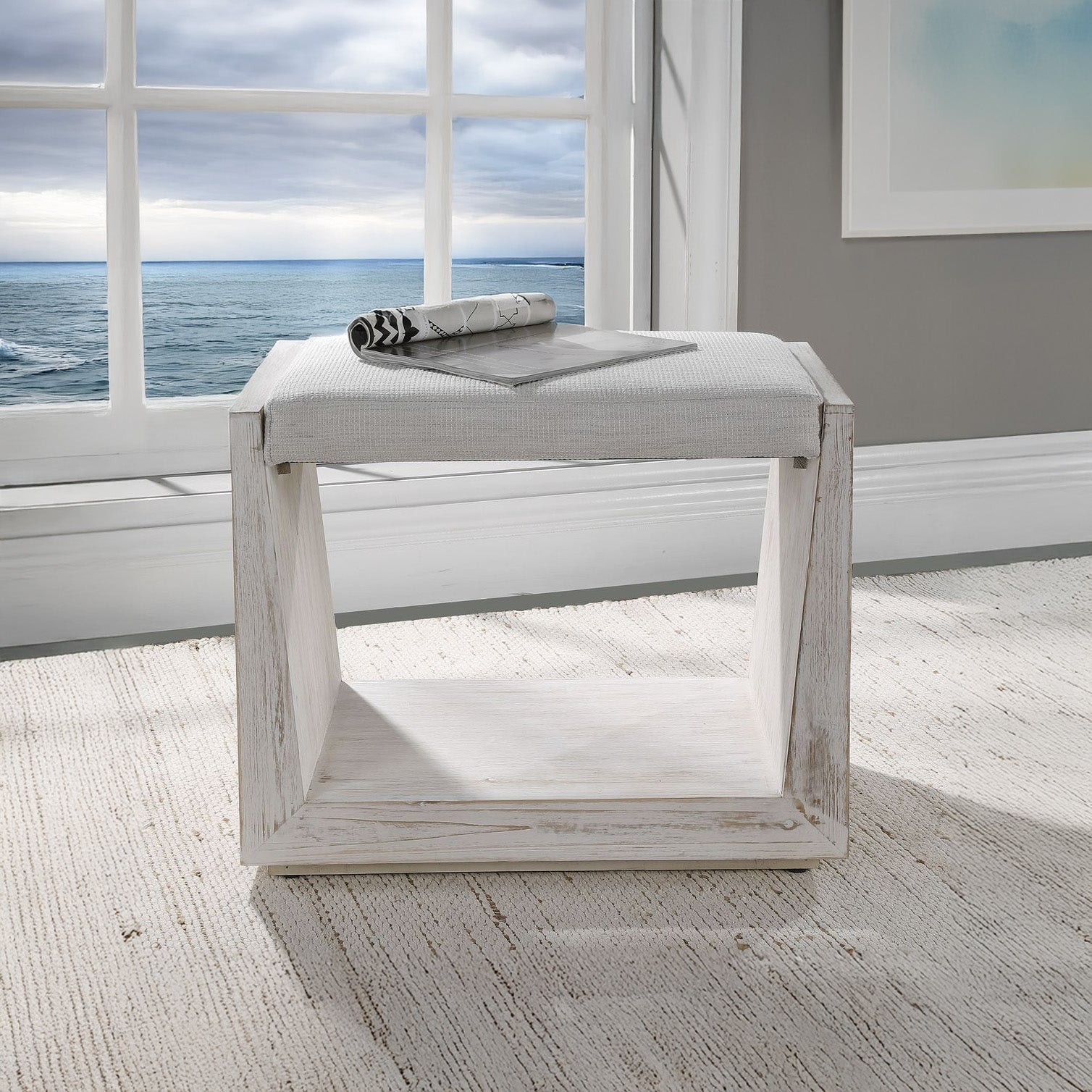 Small White Bench with Cushion in Rustic Style