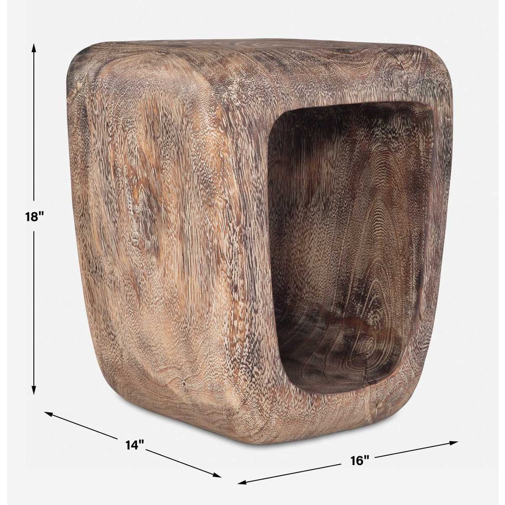 Wooden cube stool with dimensions on a white background