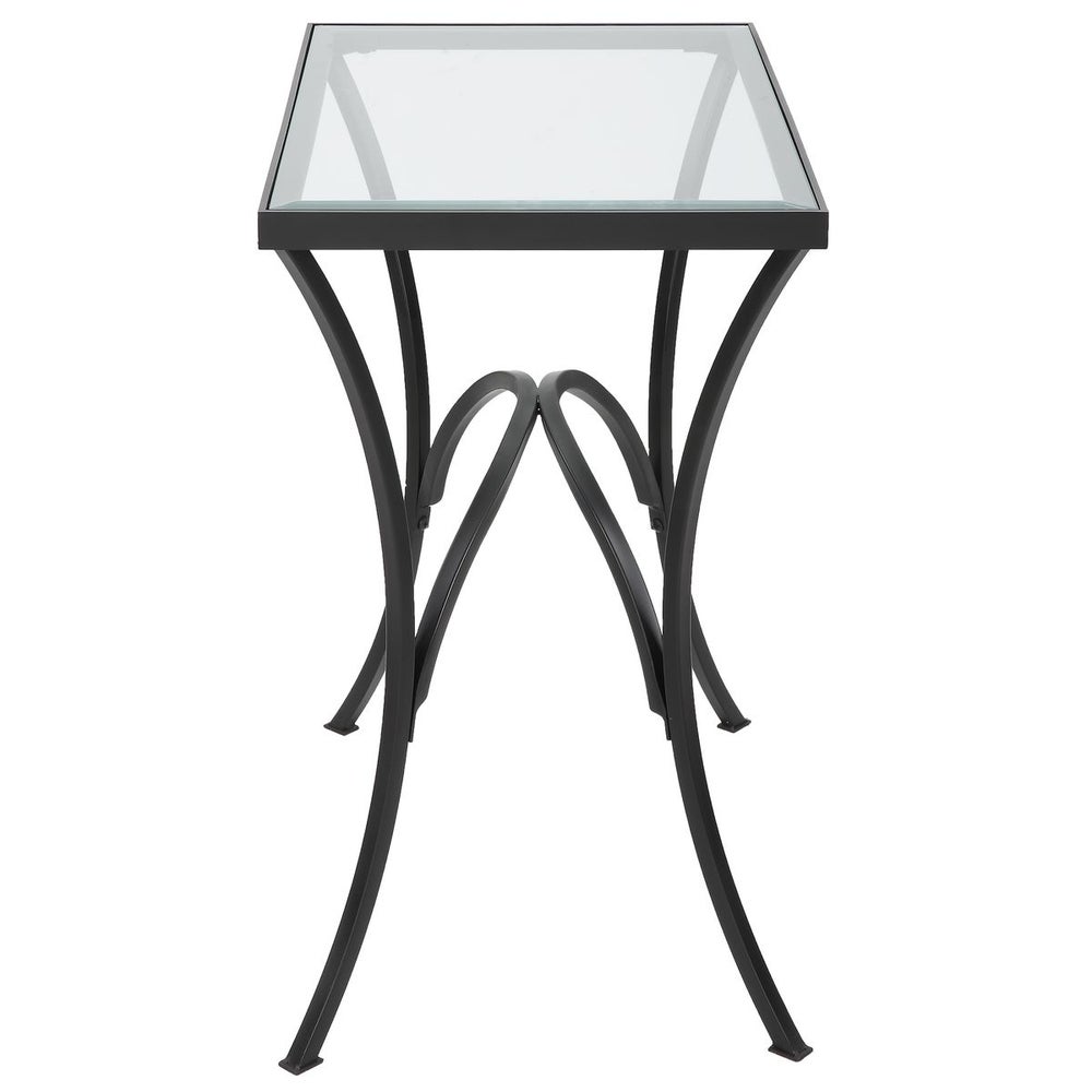 Straigh on black glass table accent.
