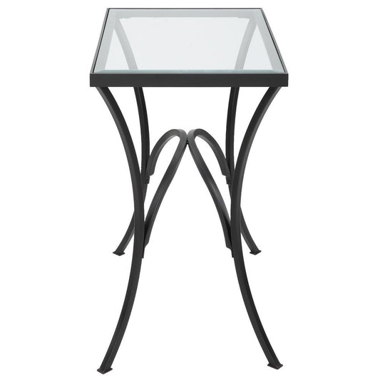 Straigh on black glass table accent.