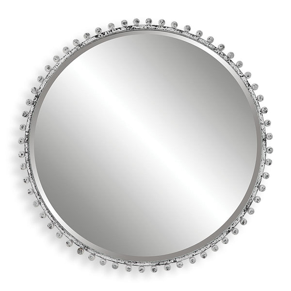 Round Distressed Mirror in Studio.