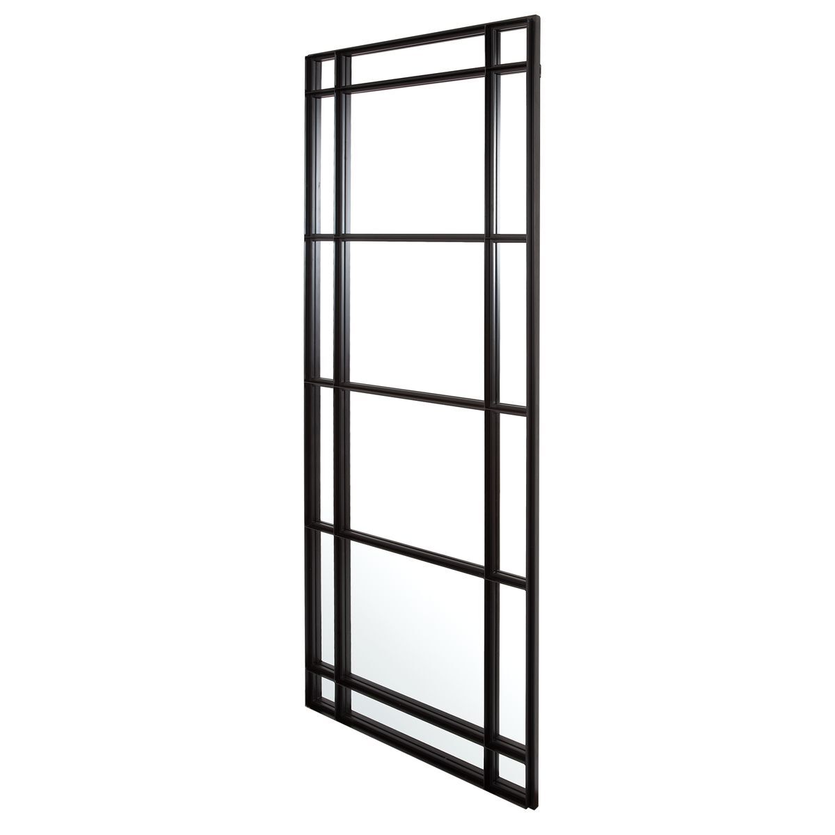 Black metal frame with glass panels on a white background