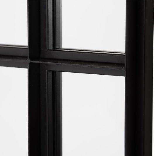 Black metal frame with glass panels on a white background