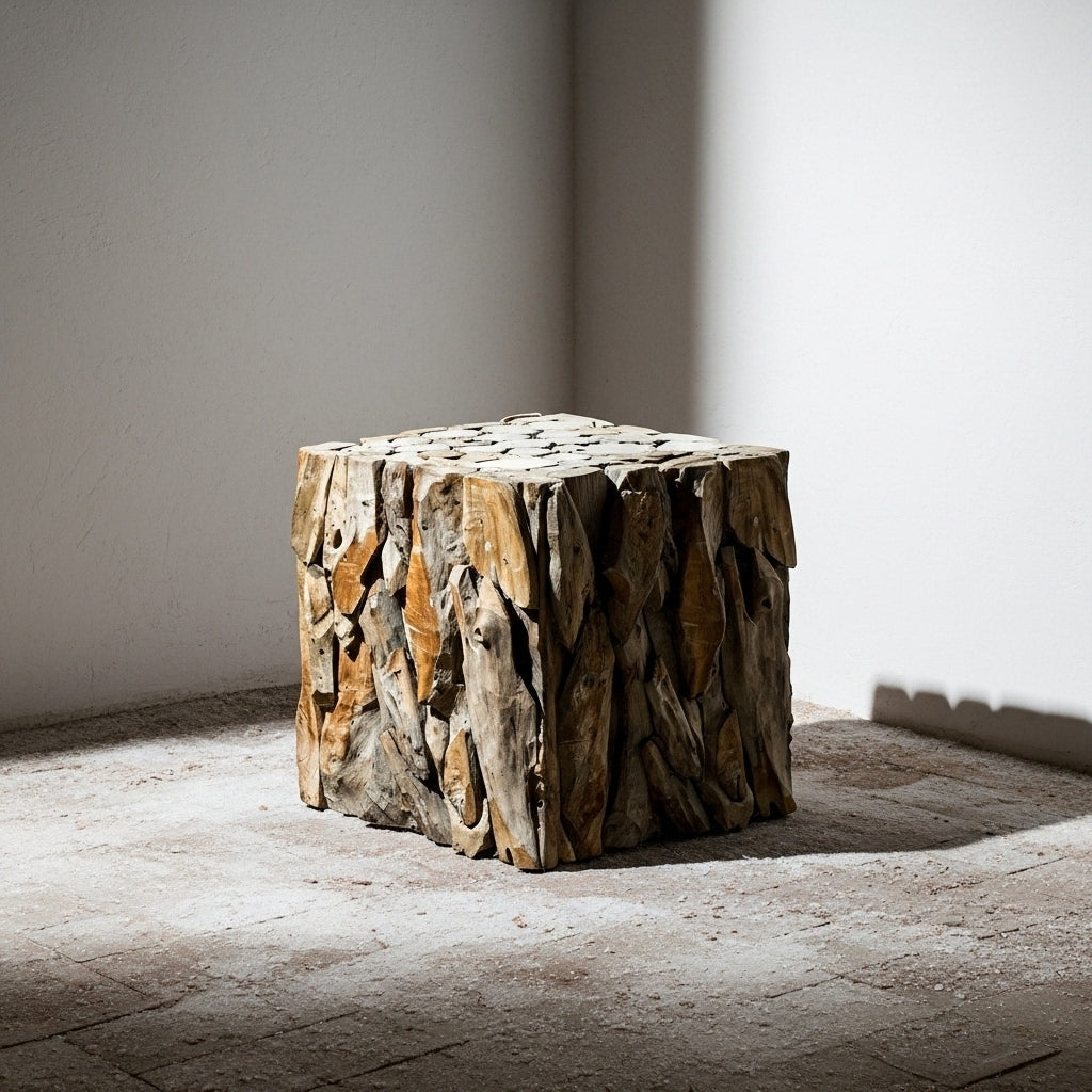 Wooden cube stool with a natural, textured surface in a minimalistic setting.