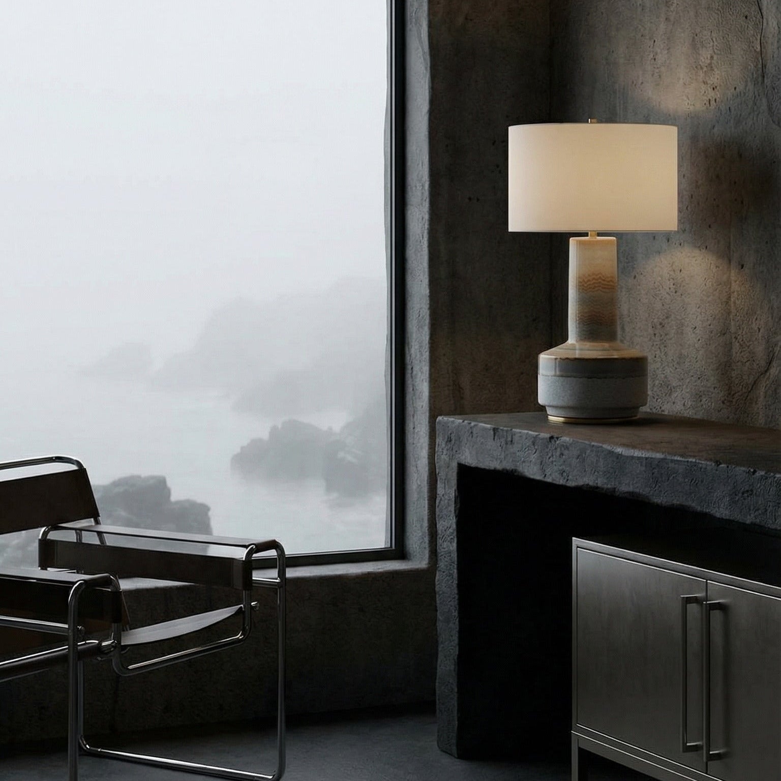 Modern interior with a large window, chair, and lamp.