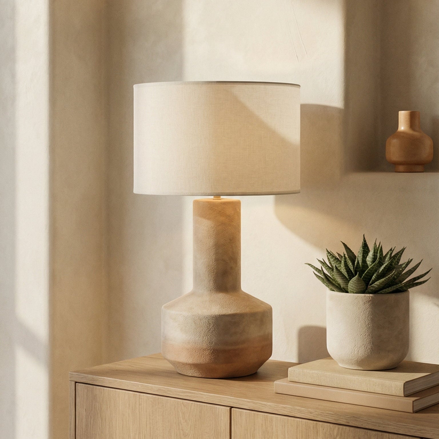 Table lamp on a wooden sideboard with a plant and decorative items in a softly lit room.