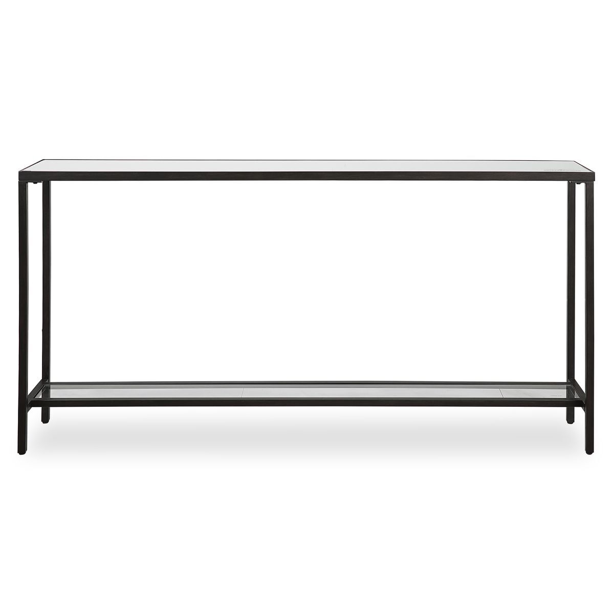 Front view of thin black console table.