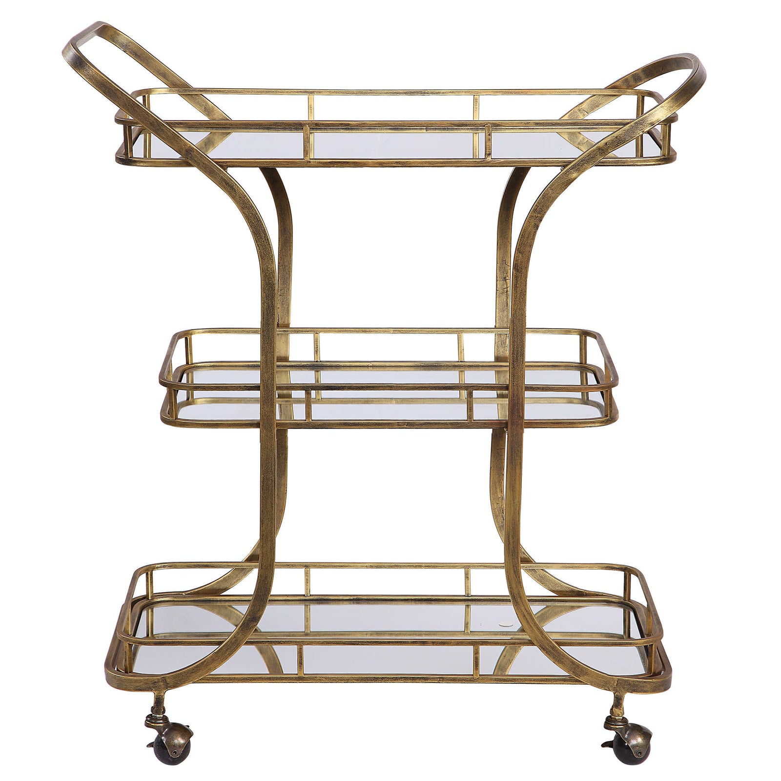 Three tiered bar cart with wheels in antique gold.