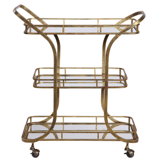 Three tiered bar cart with wheels in antique gold.