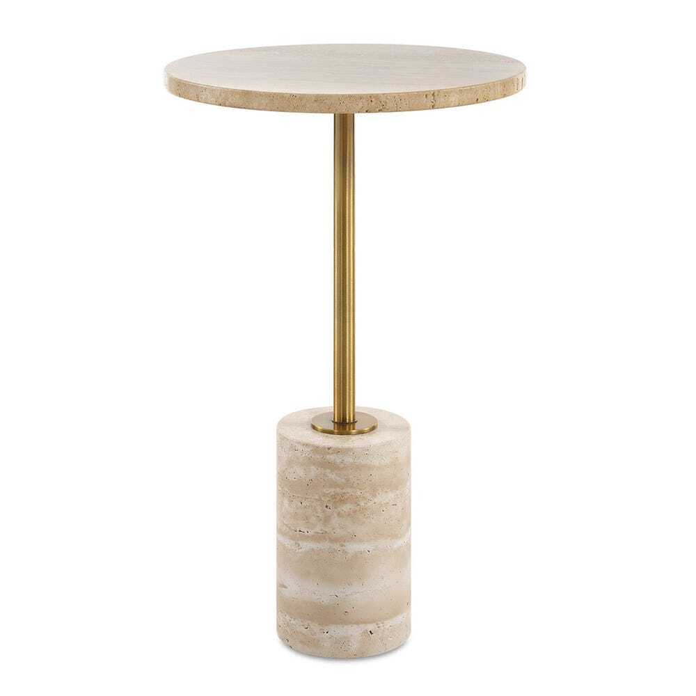 Small round table with marble top and cylindrical base on a white background