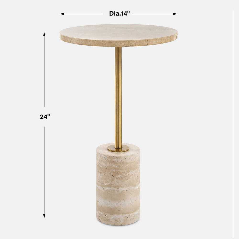 Small round marble table with gold leg and measurements on a white background