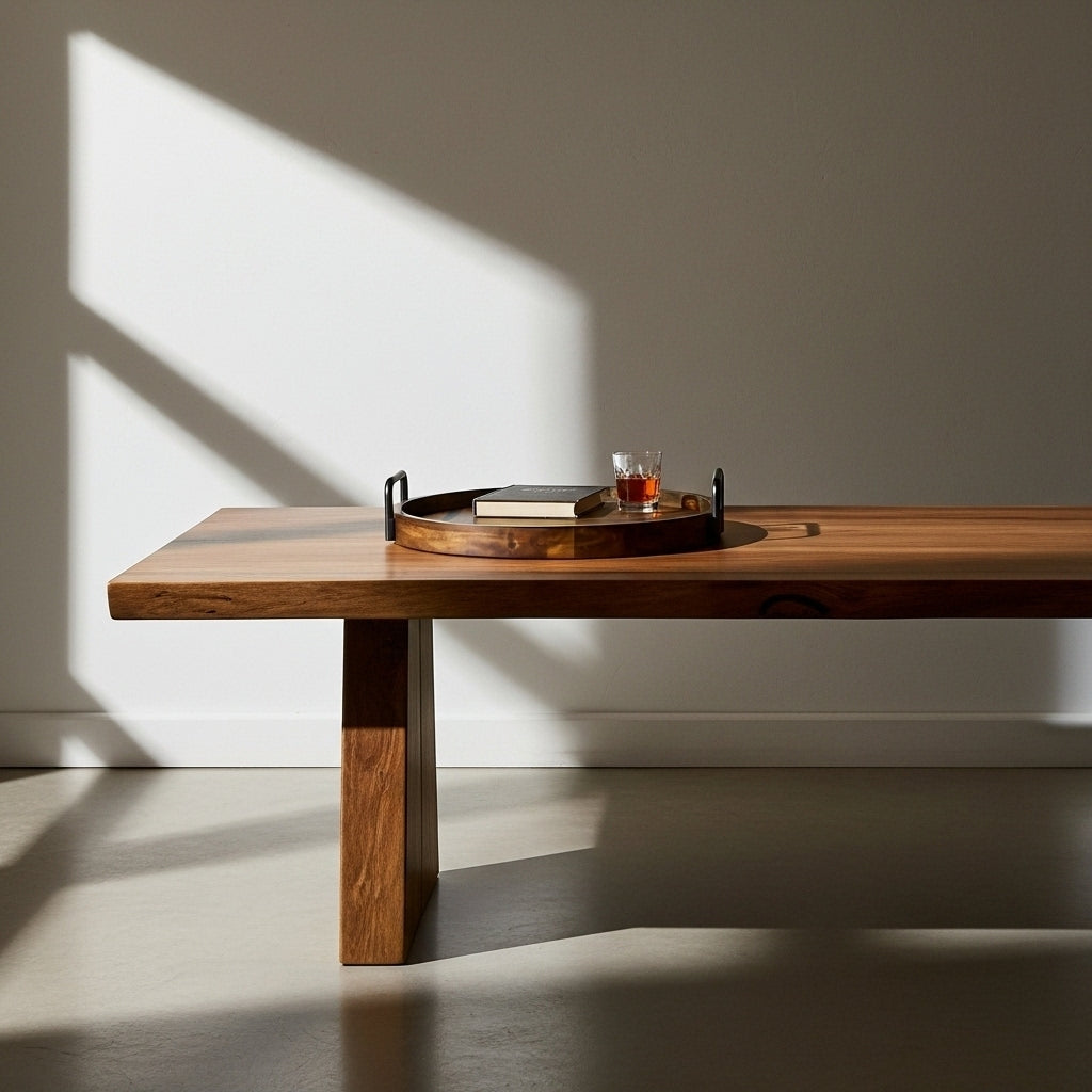 Wooden dining table with a tray holding a book and glass in a softly lit room.