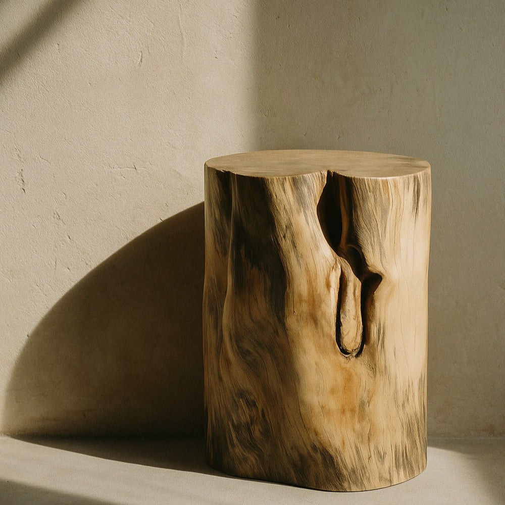 Wooden stool with natural grain and texture against a beige wall.