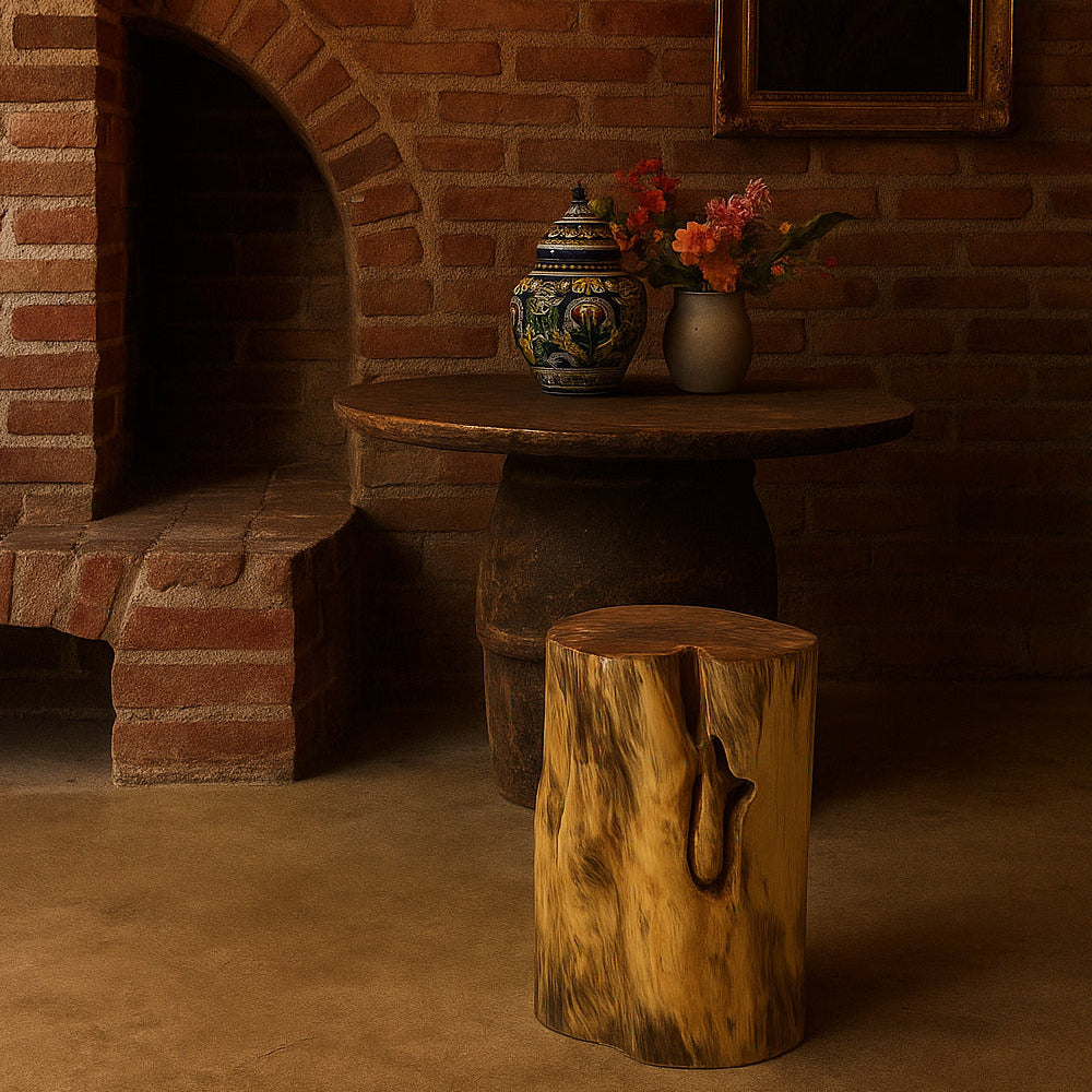 Cozy interior with brick wall, wooden table, and decorative elements.