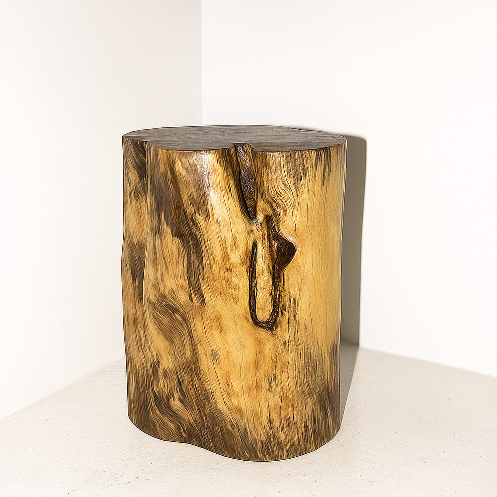 Wooden side table with natural finish on a white background