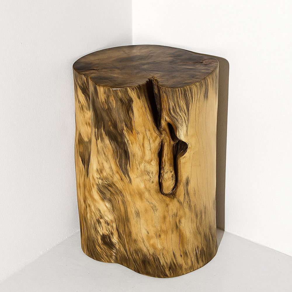 Wooden stool made from a tree stump on a white background