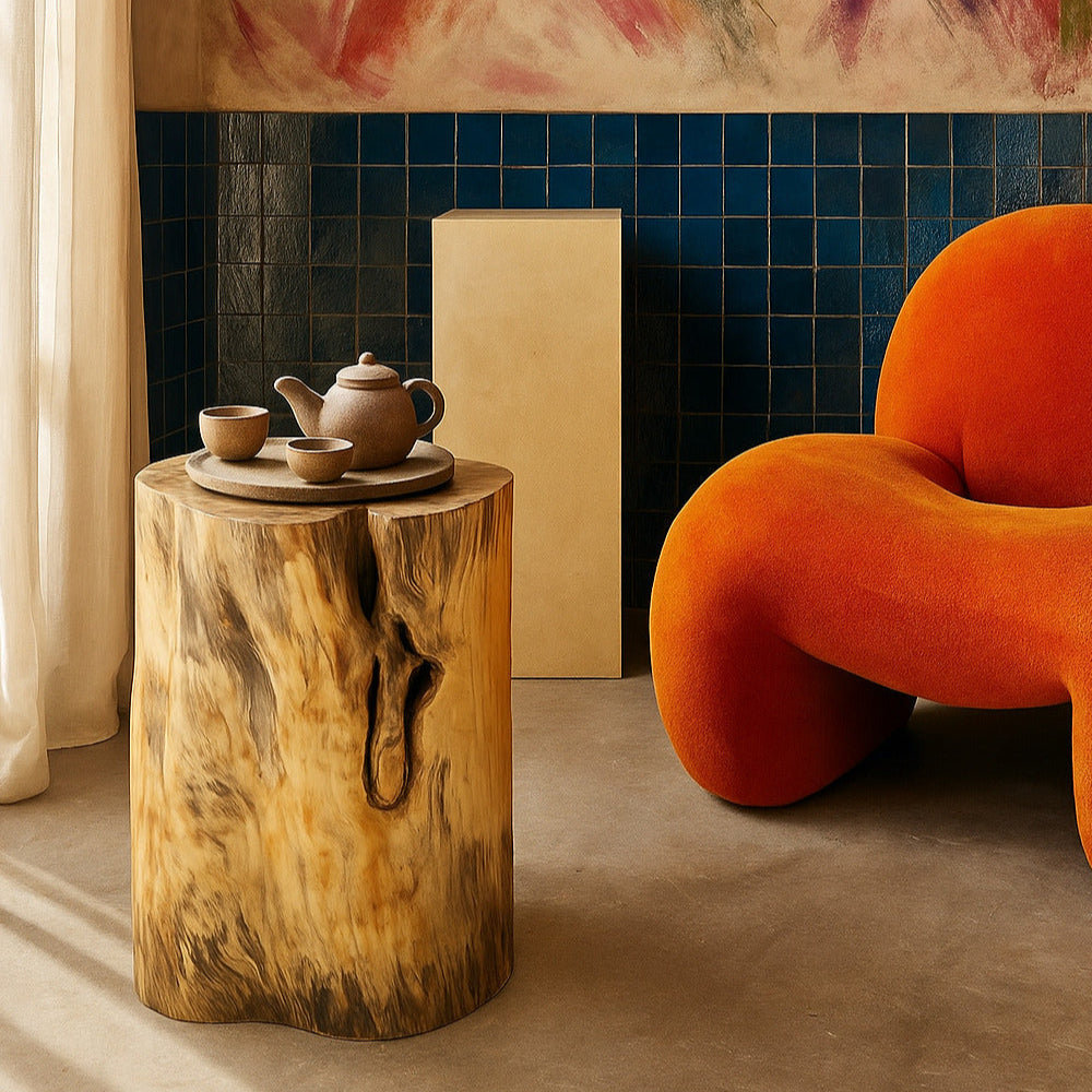 Orange chair next to a wooden side table with a teapot and cups, against a colorful abstract painting on a blue tiled wall.