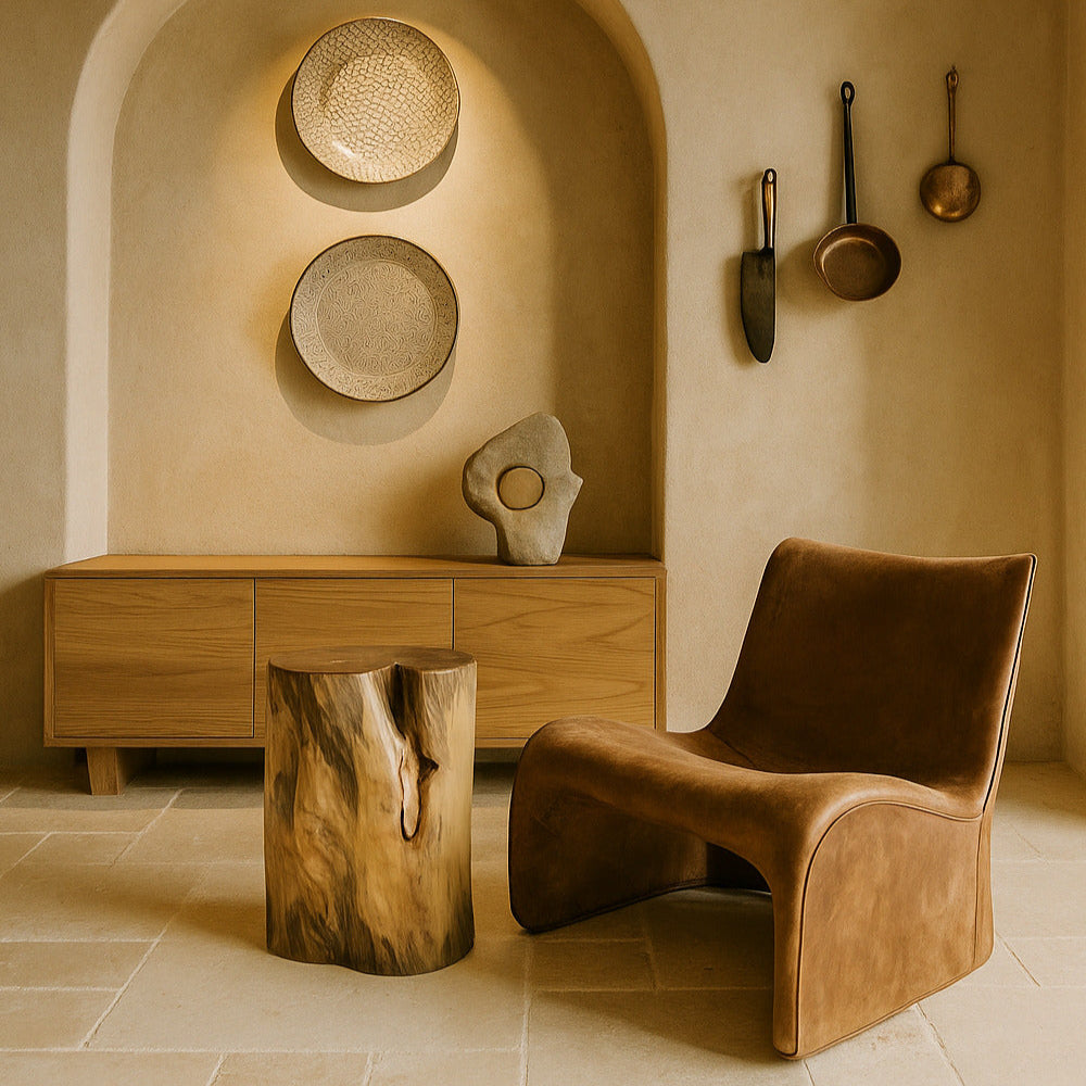 Modern interior with a brown chair, wooden side table, and decorative items against a beige wall.