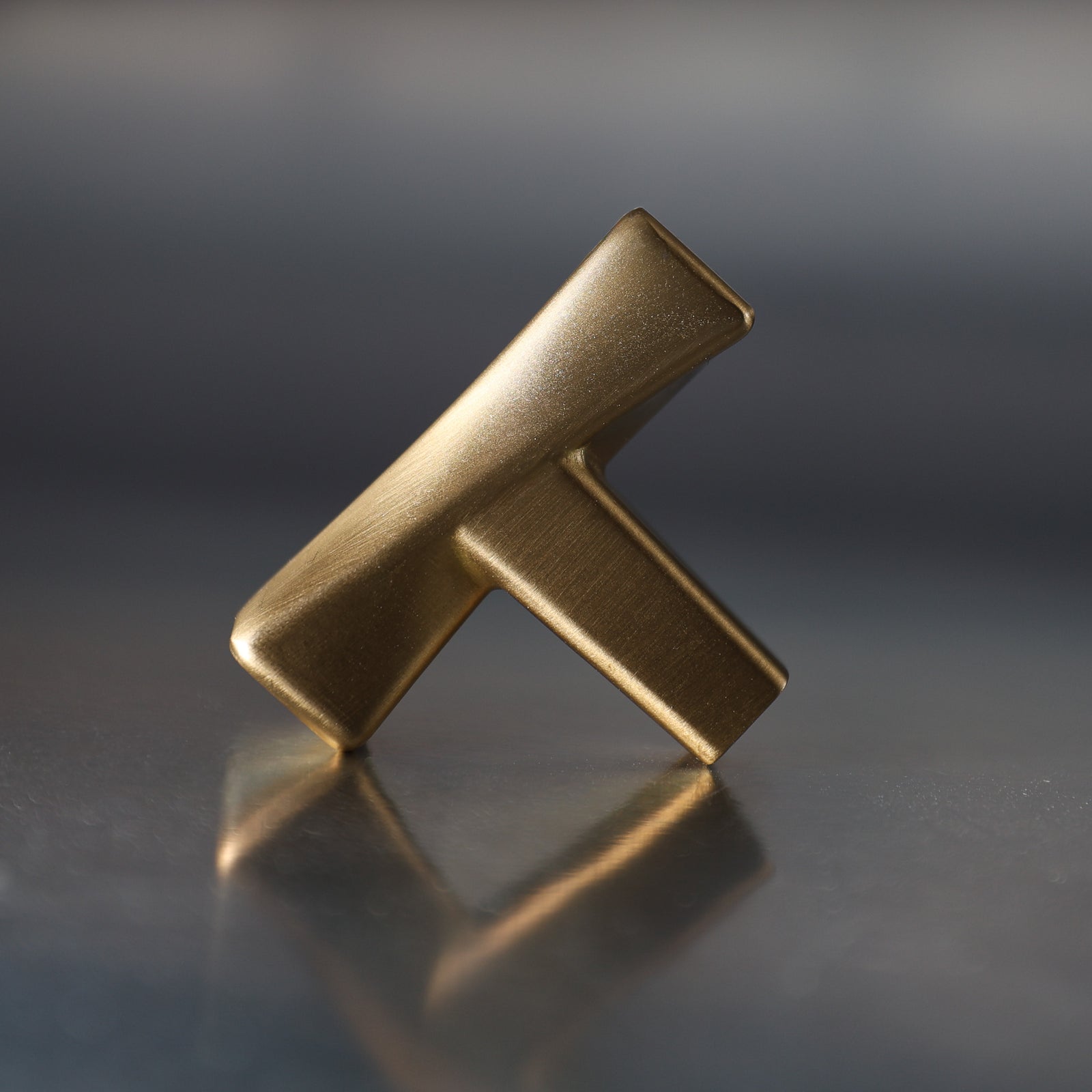 Satin Brass Twisted Cabinet Knob on Silver Cabinet.